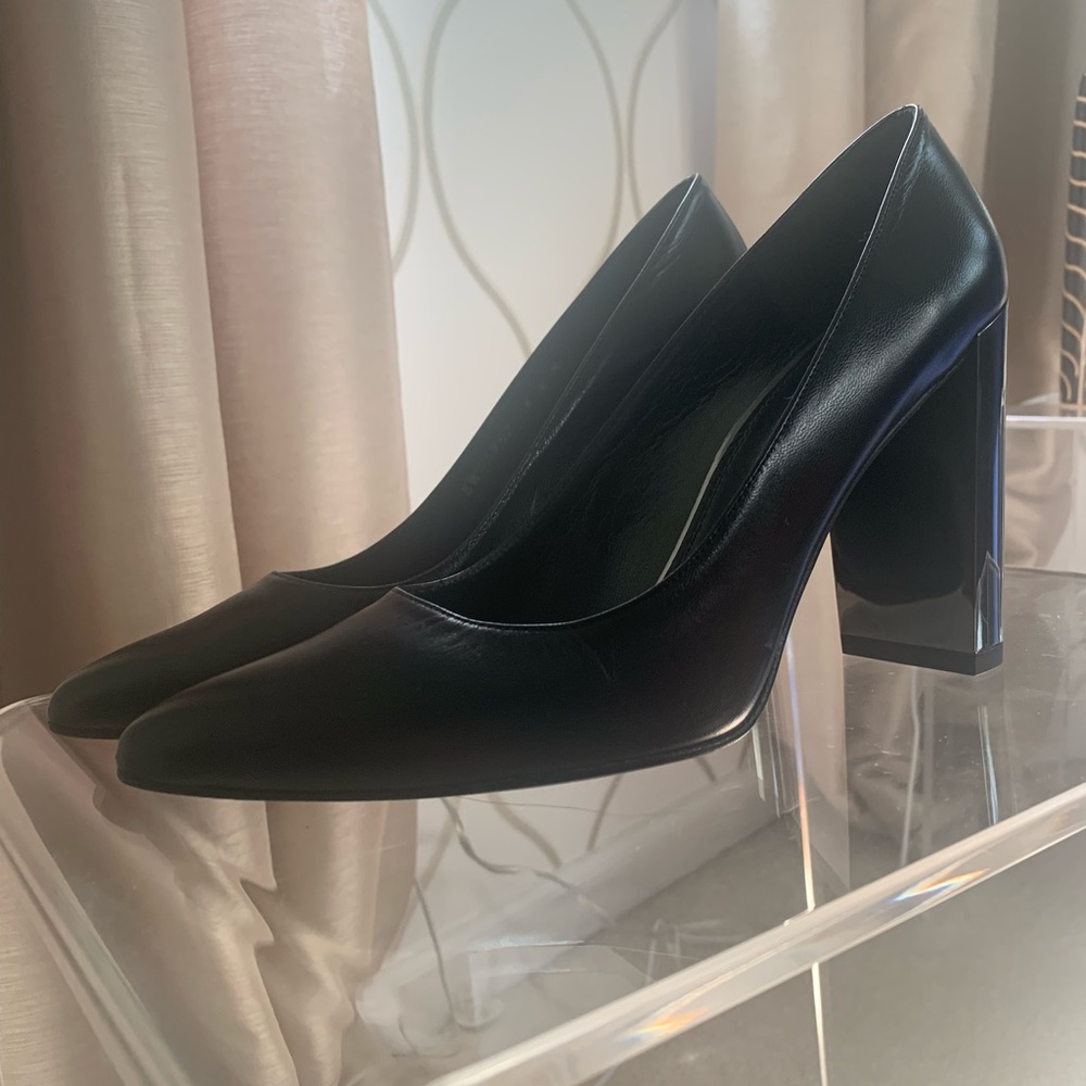 Stuart Weitzman Black Leather Pumps with Clear Block Heels - Picture 6 of 6